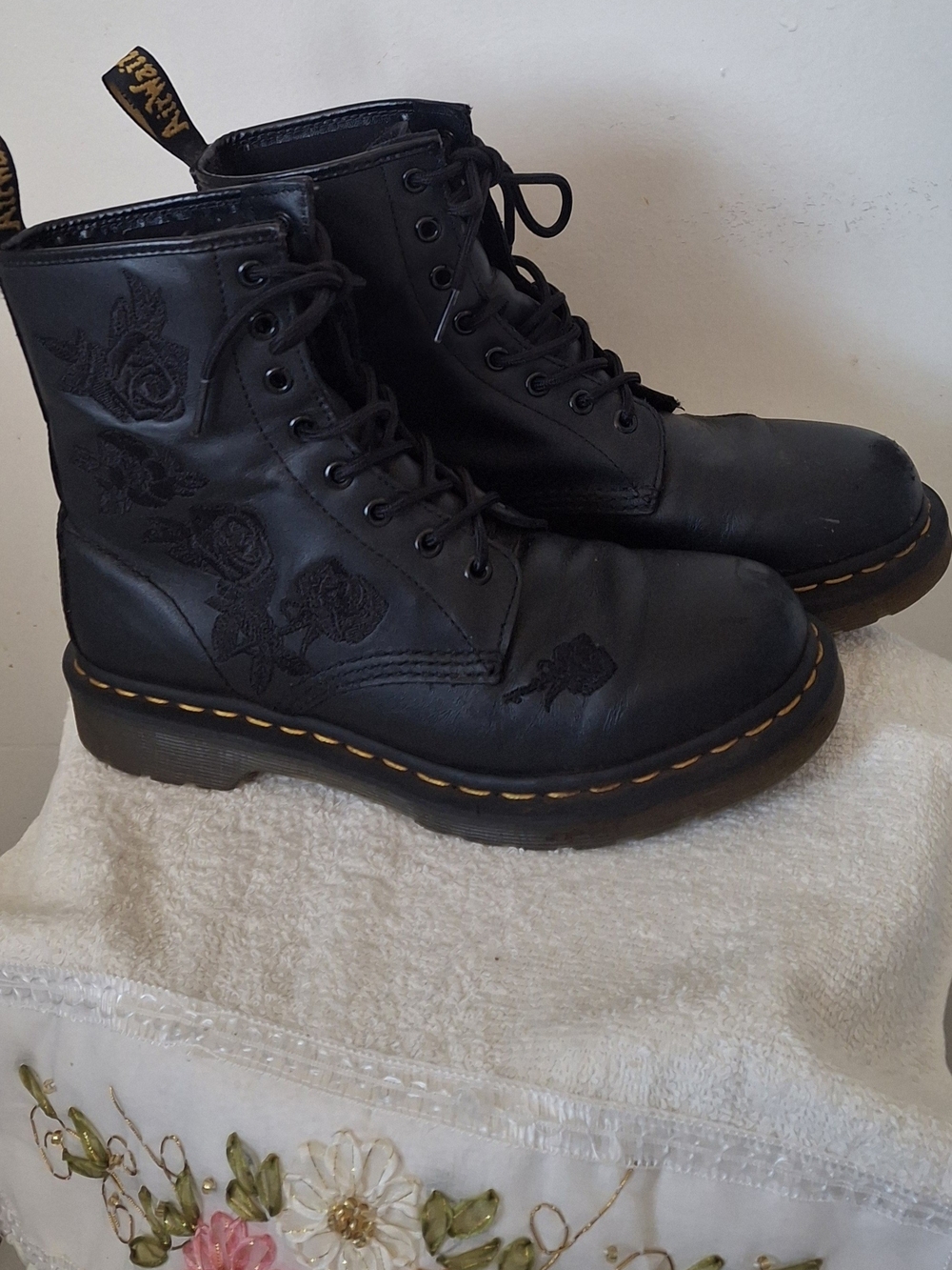 Dr. Martens Black Leather Rose Embroidered Lace-Up Boots